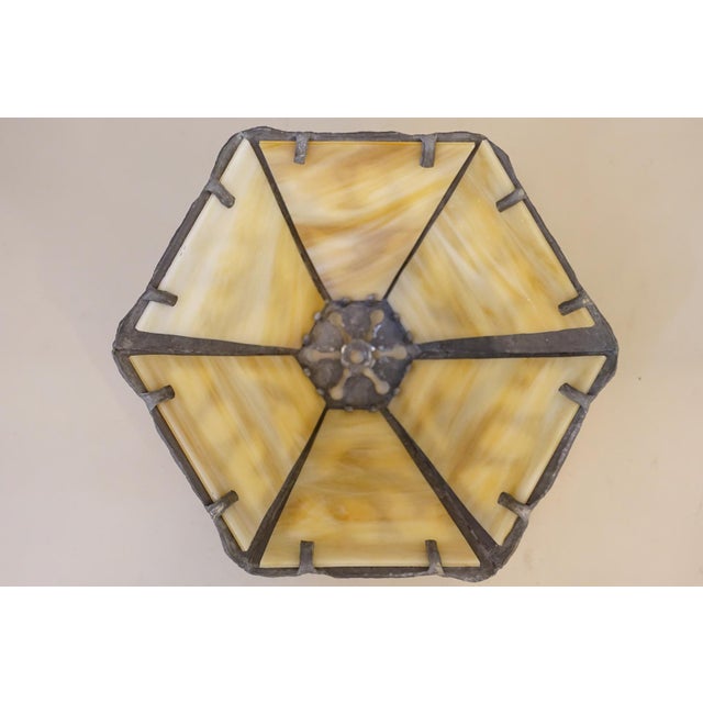 Glass 1980s Native American Indian End of Trail Caramel Slag Stained Glass Shade Table Lamp For Sale - Image 7 of 11