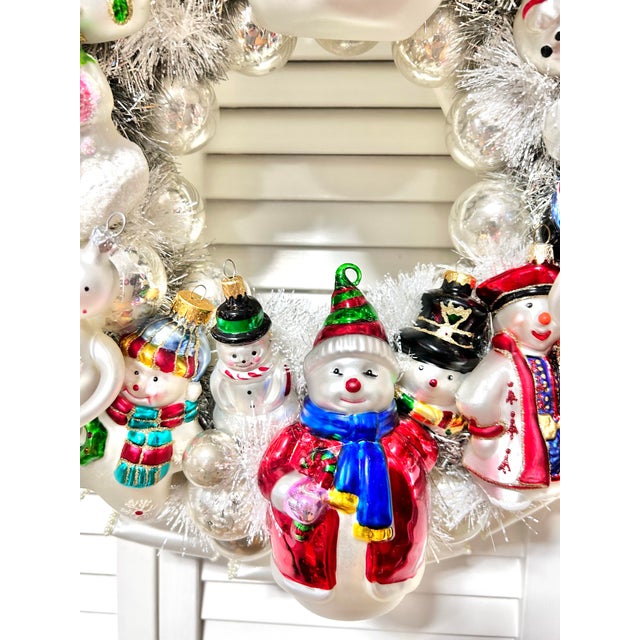 Figurative One-of-a-Kind Christmas Wreath With Vintage Blown Glass Snowman Ornaments For Sale - Image 3 of 11