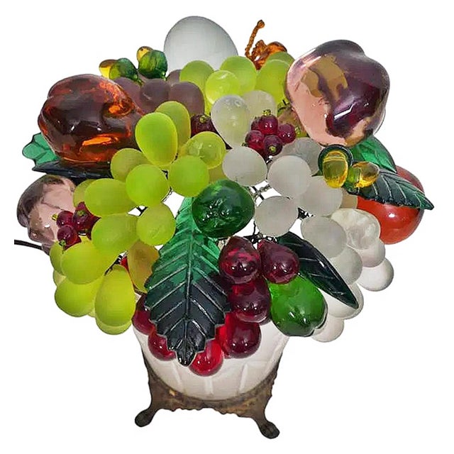 Traditional Vintage Czechoslovakia Frosted Glass Fruit Basket Table Lamp For Sale - Image 3 of 5