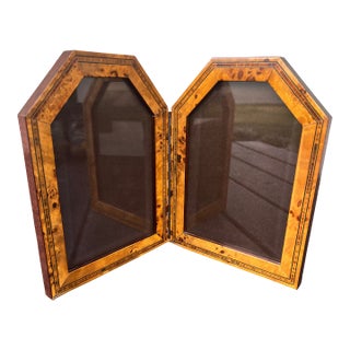 Vintage Burl Wood and Marquetry Inlay Double Picture Photo Desk Frame Diptych For Sale