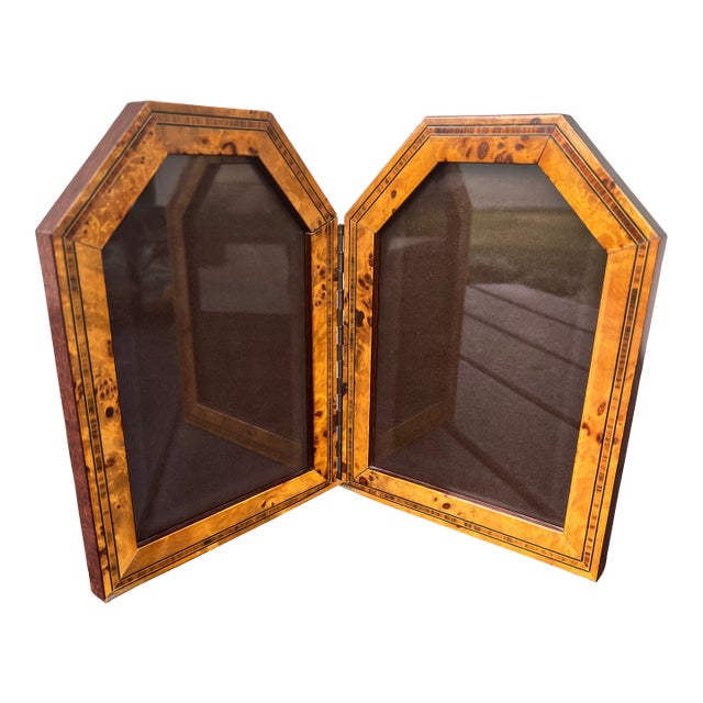 Vintage Burl Wood and Marquetry Inlay Double Picture Photo Desk Frame Diptych For Sale