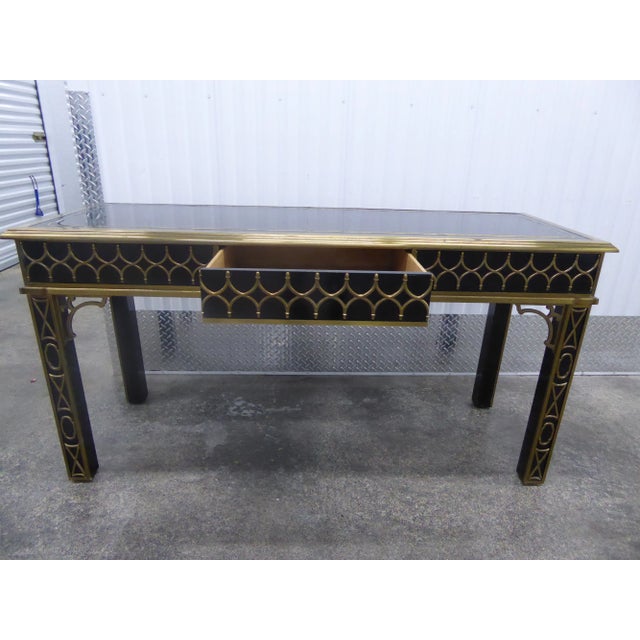 Black 1970s Black Lacquer & Bronze Fretwork Console Table For Sale - Image 8 of 11