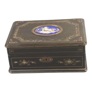 Antique Victorian Wood Lacquer Mother of Pearl Inlay Porcelain Cherub Top Jewelry Trinket Box