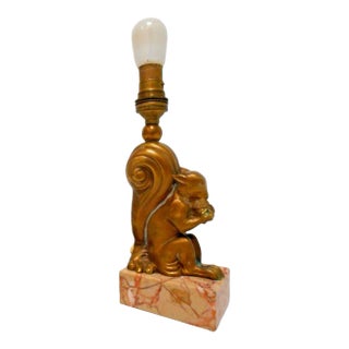 1920's French Art Deco Dore Bronze Sculptural Squirrel With Acorn Table Lamp For Sale