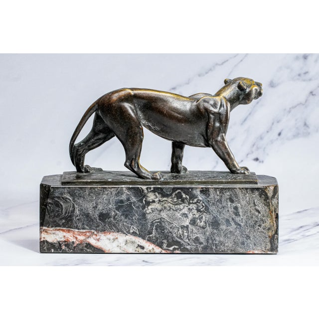 Commanding Art Deco Style Antique Bronze Panther Statue Sculpture Marble Base Luxury Home Decor For Sale - Image 11 of 18