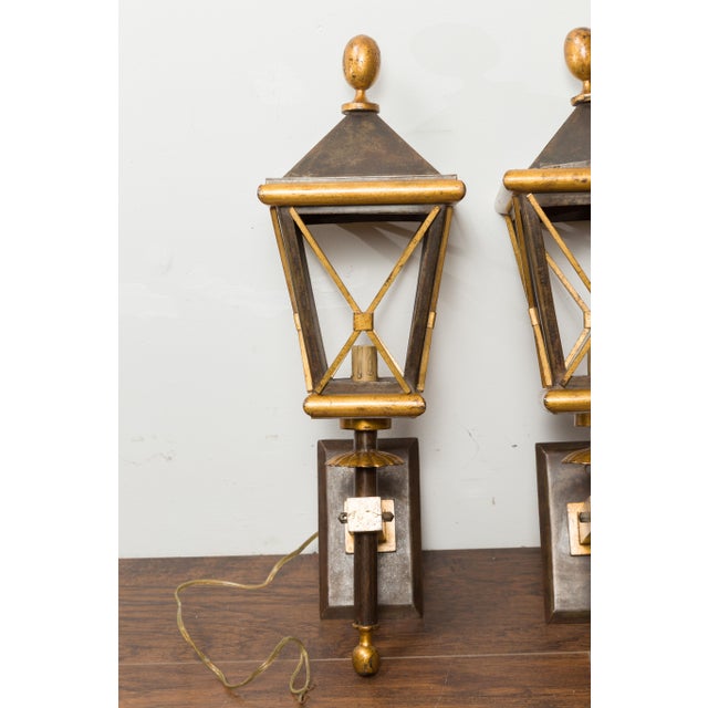 Mid-Century Modern Mid 20th Century French Mid Century Modern Gilt Iron Wall Mounted Lanterns with Single Lights - a Pair For Sale - Image 3 of 9