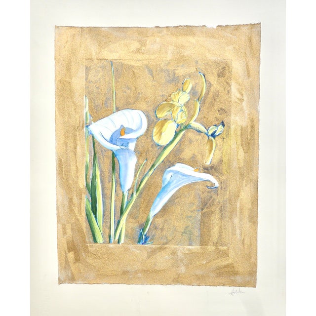 Paper "Iris and Calla Lily in Gold" Modern Watercolor by Martha Holden For Sale - Image 7 of 7