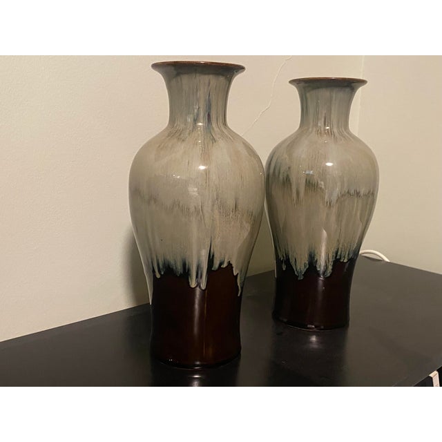 Vintage brown/sage/grey ombre flambé drip glazed porcelain vases. 14" high. Sold as a pair. Original heritage is not...