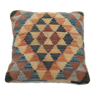 Arteverk Handwoven Afghan Kilim Pillow — Blue & Terracotta Diamond Grid For Sale