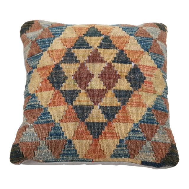 Arteverk Handwoven Afghan Kilim Pillow — Blue & Terracotta Diamond Grid For Sale