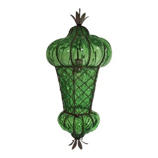 Vintage Murano Baloton Glass Green Single Light Ceiling Pendant For Sale