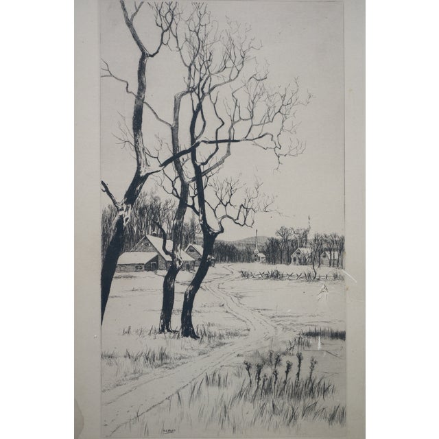 Antique Ernest C Rost Road to Village Church Winter Snow Landscape Etching 23" For Sale - Image 4 of 10
