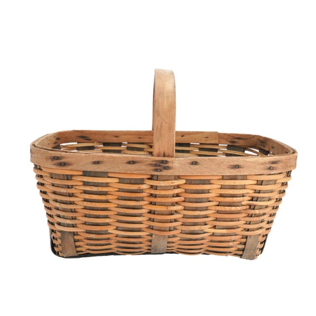 Vintage rectangular hand woven basket of bamboo with ash ribs which continue across the bottom, rim, and fixed loop...