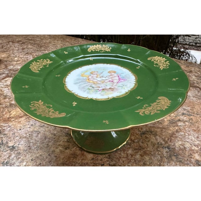 Vintage French Hand Painted Cherubs Gold Gilt Pedestal Green Porcelain Cake Plate Stand For Sale In San Diego - Image 6 of 12