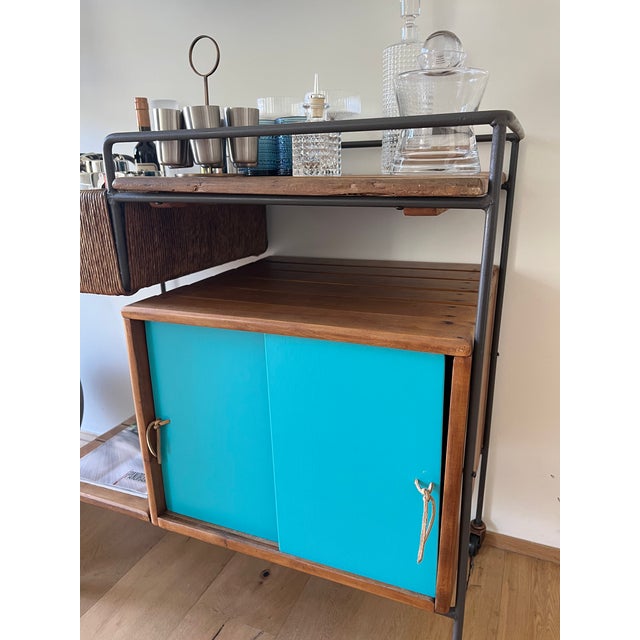 Wood 1950s Arthur Umanoff Bar Cart (Black / Teal Doors), Attributed For Sale - Image 7 of 15