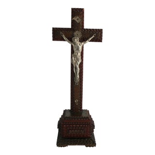 Rare Antique French Tramp Art Standing Crucifix, Hand Carved Folk Art For Sale