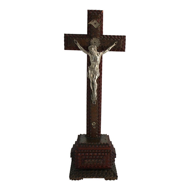 Rare Antique French Tramp Art Standing Crucifix, Hand Carved Folk Art For Sale