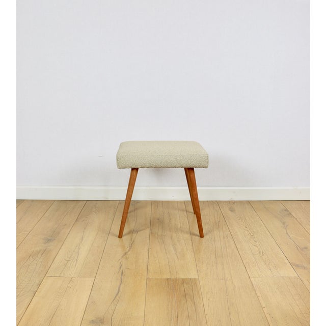 Wood Stool in Beige Bouclé and Beech Legs, 1970s For Sale - Image 7 of 7