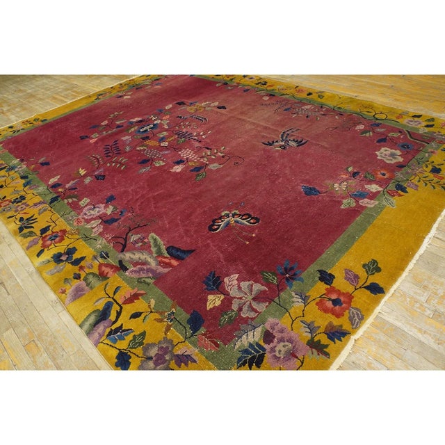 1920s Red Floral Birds Antique Chinese Art Deco Carpet 9'x12' Knotted Wool Rug For Sale - Image 4 of 7