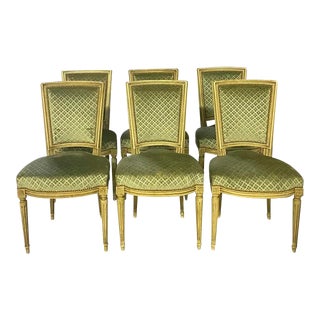 1950s Louis XVI Style French Dining Chairs in Original Paint and Dirty Fabric- Set of 6 For Sale