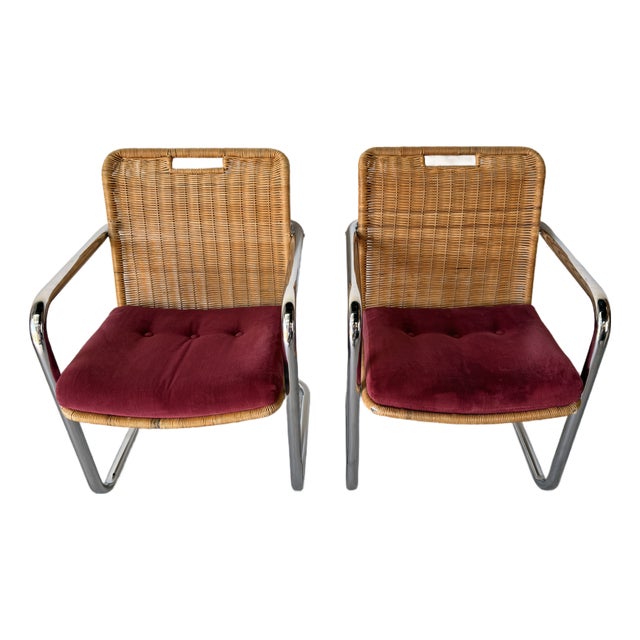 Mid Century Modern Harvey Probber Style Chrome & Cane Cantilever Arm Chairs - A Pair For Sale