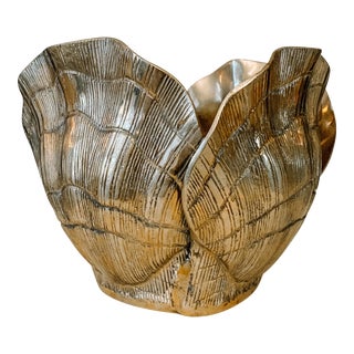 Vintage Large Heavy Solid Brass Clamshell Planter For Sale