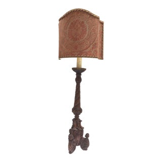 Fortuny Fabric Shade & Carved Wood Lamp For Sale