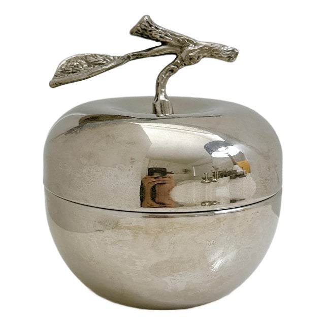 Vintage Silver Plated Apple Trinket Box With Lid, Decorative Jewelry Box, Apple Candy Dish, Vanity Storage, Mid Century Home Decor For Sale