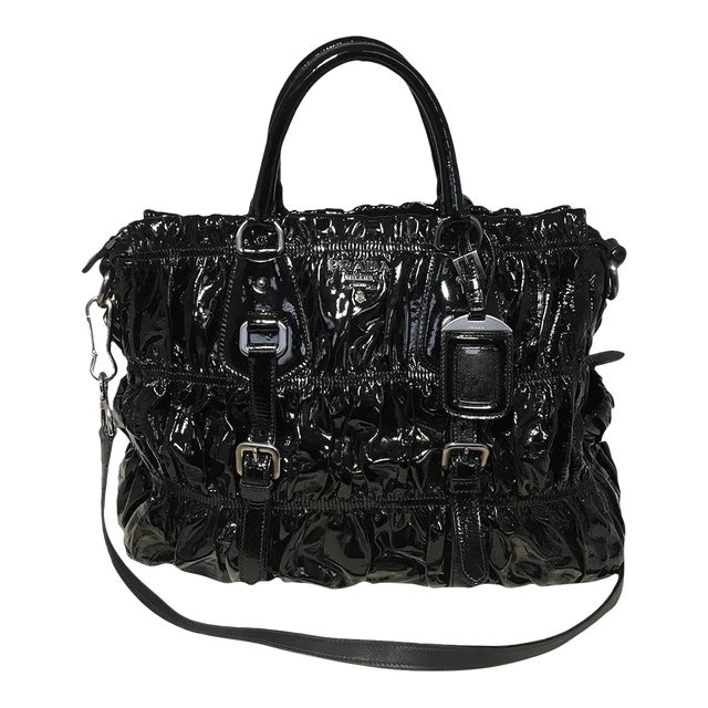 Prada Black Patent Leather Gaufre Ruched Handbag Tote For Sale