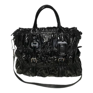Prada Black Patent Leather Gaufre Ruched Handbag Tote