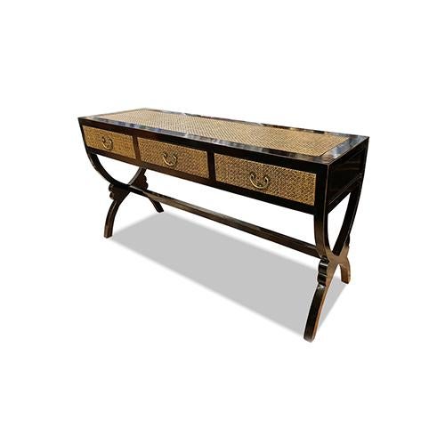 Asian Style Cross Legs Rattan Top 3 Drawers Console Table For Sale - Image 4 of 6