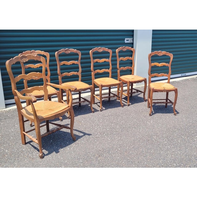6 Country French Shell Carced Dining Chairs For Sale - Image 9 of 11