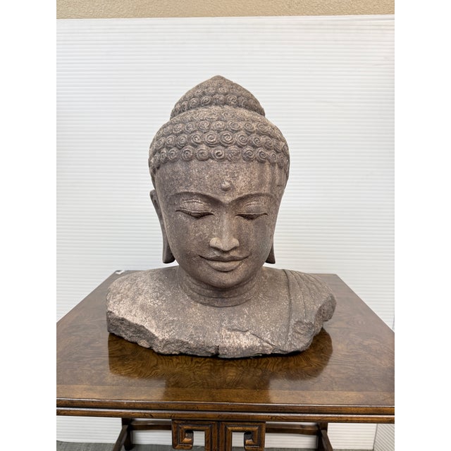Indonesian Hand Carved Lava Stone Buddha Bust For Sale - Image 9 of 12
