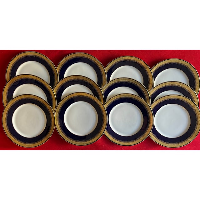 German Cobalt Blue and White Porcelain Dinner Plates With Gold Rims by Hohenberg Ware Hutschenreuther Bavaria - Set of 12 For Sale - Image 14 of 14