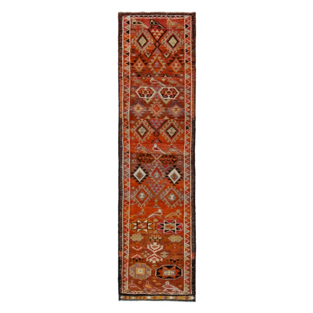 Textile 1950s Vintage Tribal Runner in Orange, Red, Multihued Tribal Motifs For Sale - Image 7 of 7