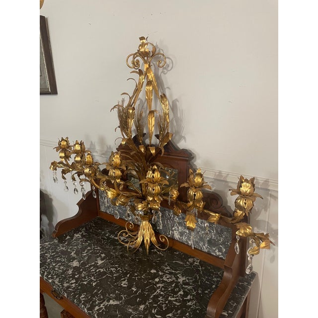 Large Mid 20th Century Italian Gilt Tole Candelabra Style Sconce With Crystals For Sale - Image 12 of 17