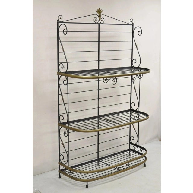Vintage French Bakers Rack 3 Tier Scrolling Wrought Iron and Brass Etagere For Sale - Image 12 of 12