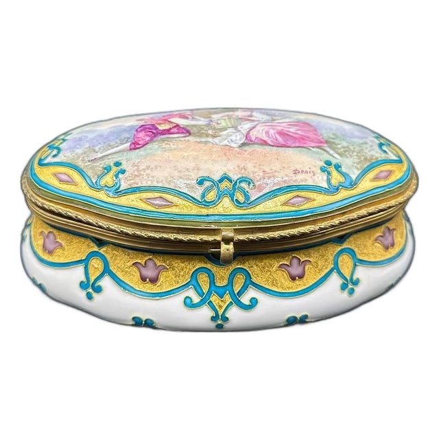 Oval Sèvres Porcelain Box Painted with a Courting Couple, 1890s For Sale