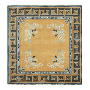 Rug & Kilim’s Chinese Art Deco Style Square Rug in Gold With Floral Patterns