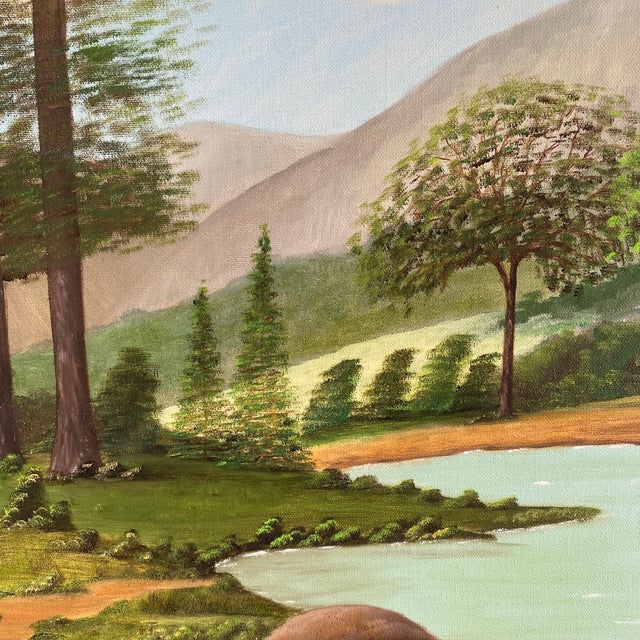 Vintage Folk Art Tranquil Landscape Oil on Canvas Framed Painting For Sale - Image 10 of 12