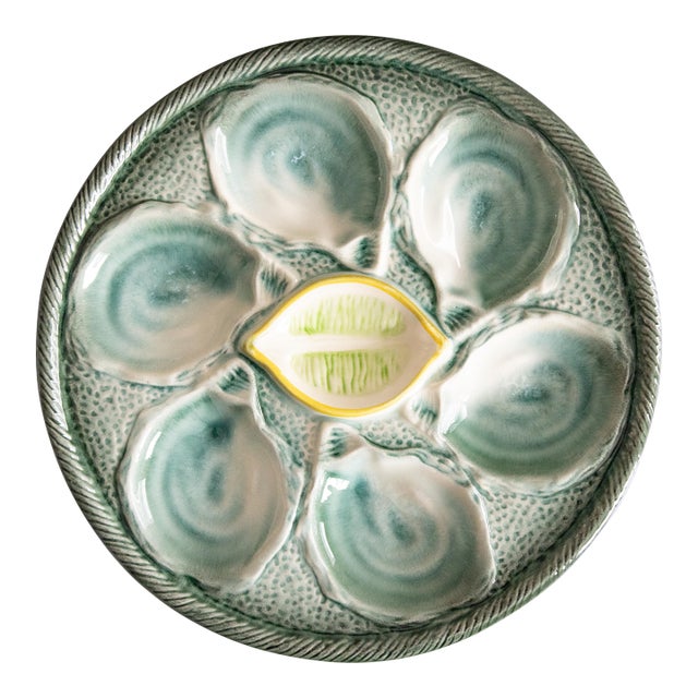 Antique French Saint Clément Majolica Blue Green & Yellow Lemon Wedge Oyster Plate For Sale