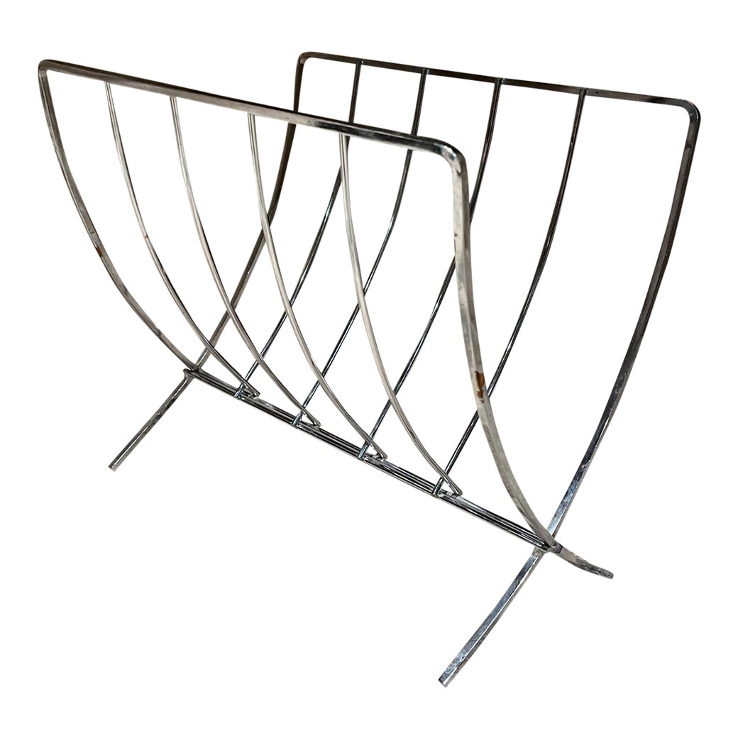1980s Midcentury Modern Streamlined Chrome Magazine Rack Foldable
