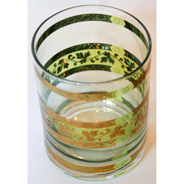 Mid-Century Modern Vintage Culver Barware Cocktail Set Green and Gold Rock Glasses and Ice Bucket For Sale - Image 3 of 17