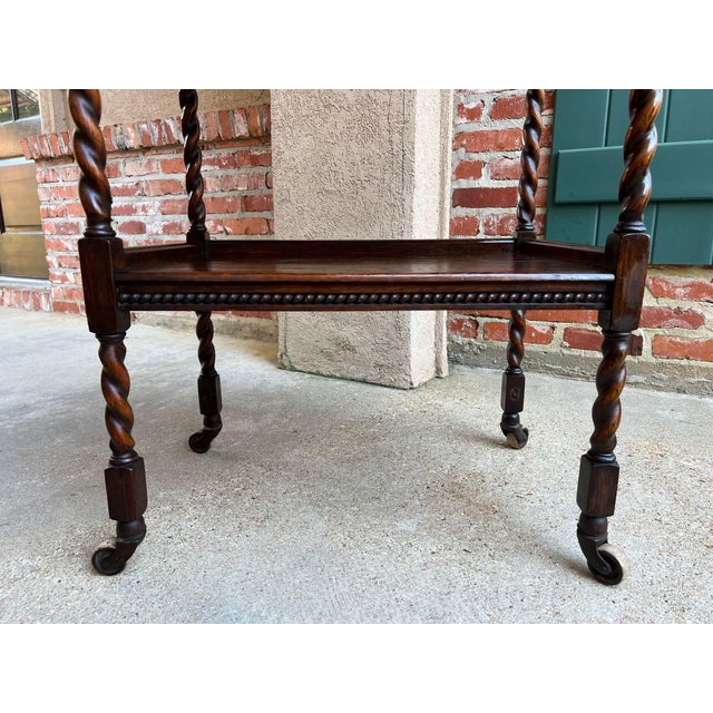 Antique English Barley Twist Tea Trolley Bar Cart Table Tiger Oak Dumbwaiter For Sale - Image 18 of 18