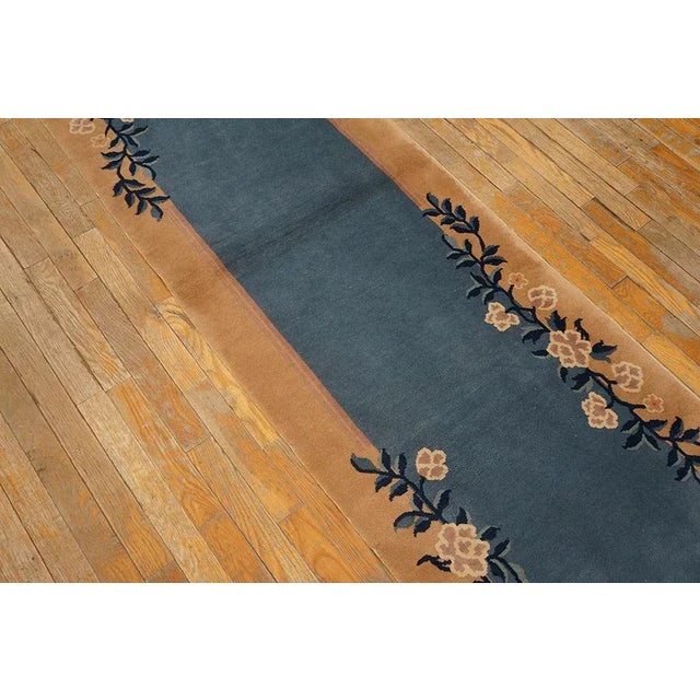 Textile Blue Antique Open Field Floral Deco Runner Chinese Peking Carpet Rug For Sale - Image 7 of 9