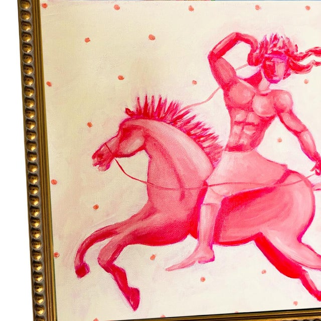 Original Red Mythological Warrior on Horse Painting by Tatiana Duperault, 12" Square, Gold Framed For Sale - Image 4 of 4