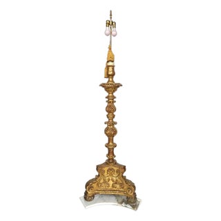Large Spanish Baroque Giltwood and Marble Torchiere Two-Light Floor Lamp For Sale