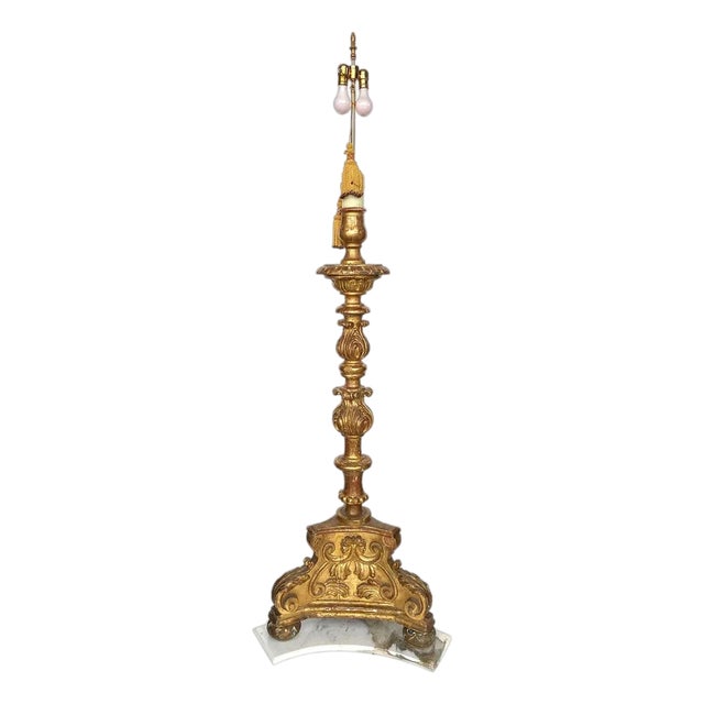 Large Spanish Baroque Giltwood and Marble Torchiere Two-Light Floor Lamp For Sale