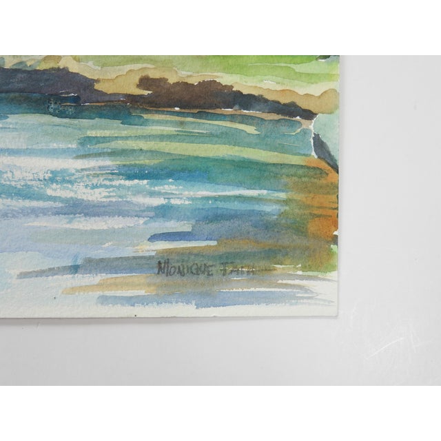 Late 20th century watercolor on paper riverside landscape painting. Signed illegibly lower right corner. Unframed.
