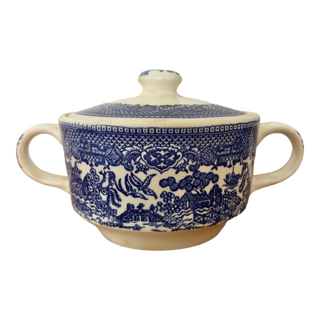 Vintage 20th Century Blue Willow Sugar Kitchen Canister Storage Jar With Lid For Sale